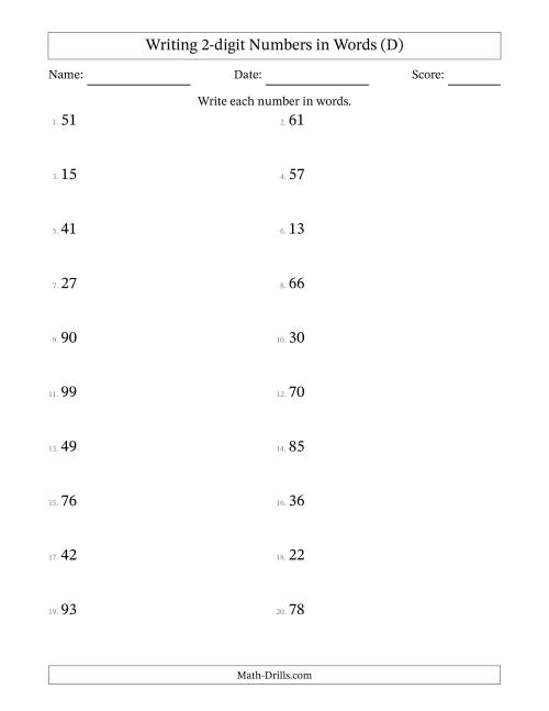 The Writing 2-digit Numbers in Words (D) Math Worksheet