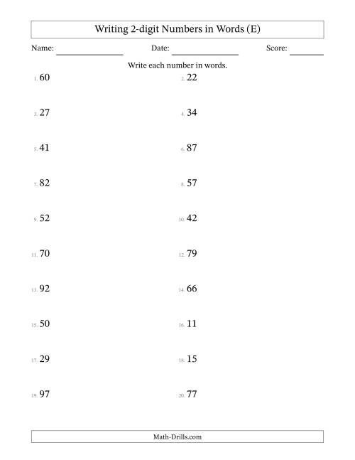 The Writing 2-digit Numbers in Words (E) Math Worksheet