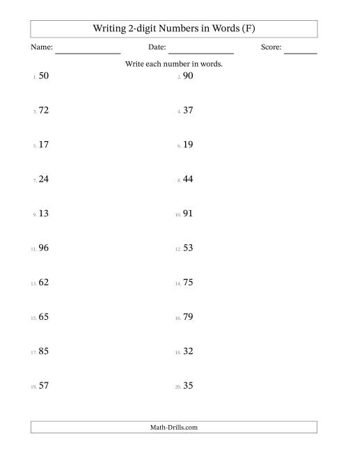 The Writing 2-digit Numbers in Words (F) Math Worksheet