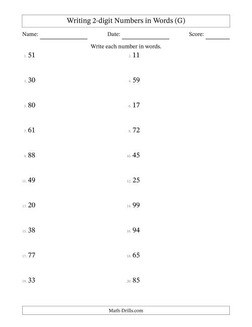 The Writing 2-digit Numbers in Words (G) Math Worksheet