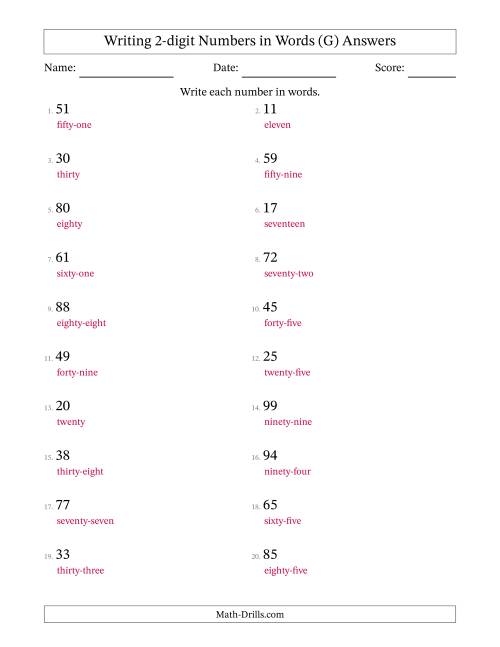 The Writing 2-digit Numbers in Words (G) Math Worksheet Page 2