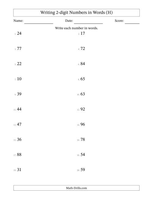 The Writing 2-digit Numbers in Words (H) Math Worksheet