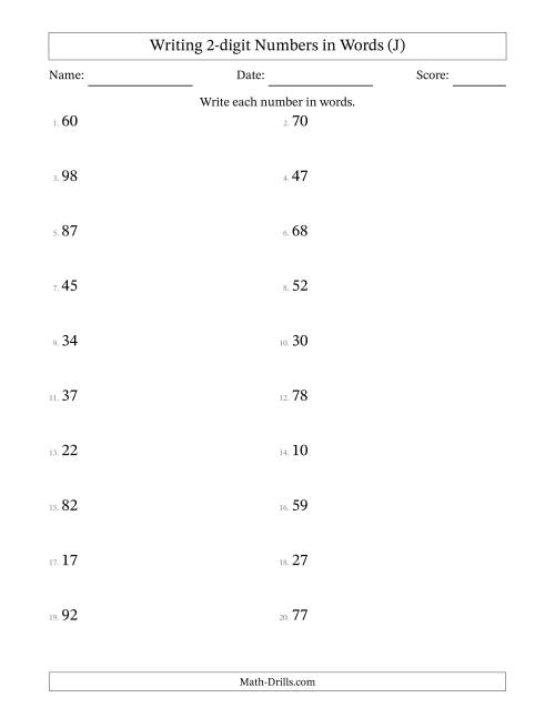 The Writing 2-digit Numbers in Words (J) Math Worksheet