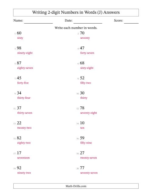 The Writing 2-digit Numbers in Words (J) Math Worksheet Page 2