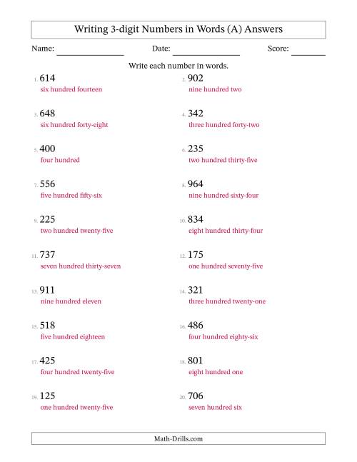 The Writing 3-digit Numbers in Words (A) Math Worksheet Page 2