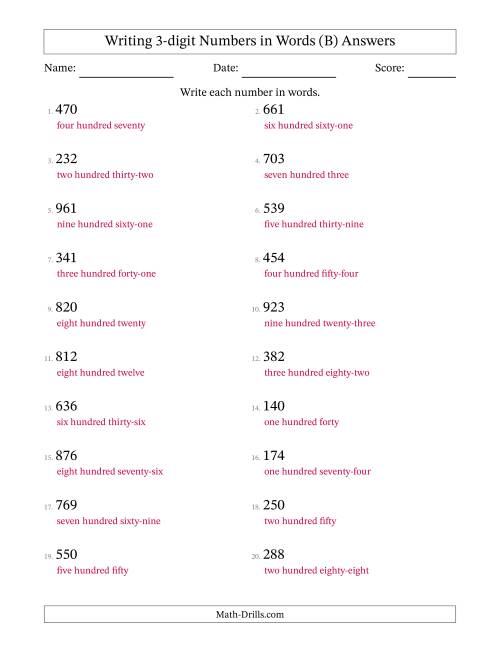 The Writing 3-digit Numbers in Words (B) Math Worksheet Page 2