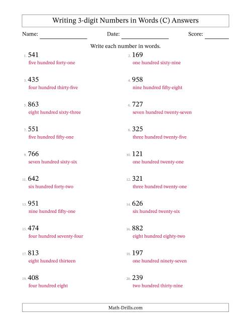 The Writing 3-digit Numbers in Words (C) Math Worksheet Page 2