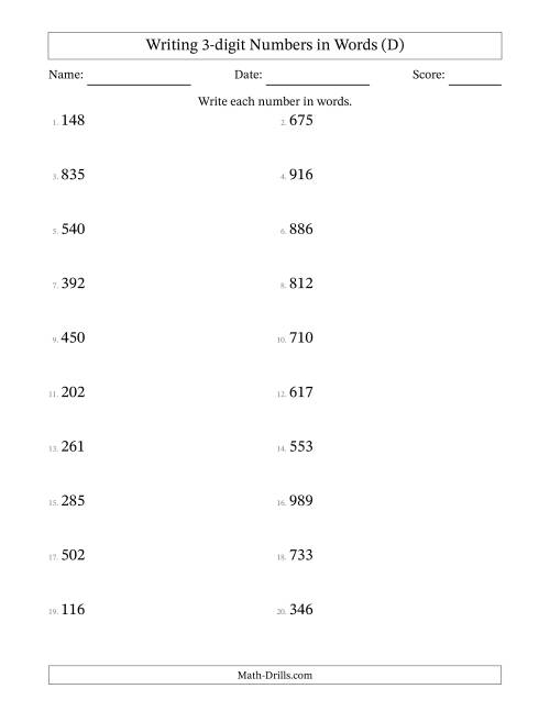 The Writing 3-digit Numbers in Words (D) Math Worksheet