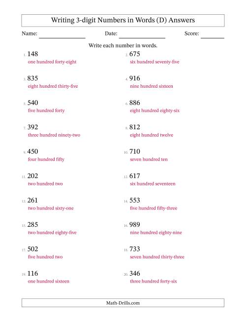 The Writing 3-digit Numbers in Words (D) Math Worksheet Page 2