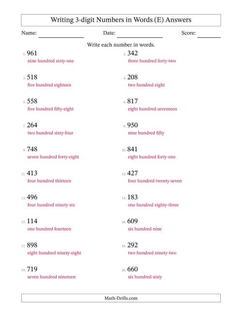 The Writing 3-digit Numbers in Words (E) Math Worksheet Page 2