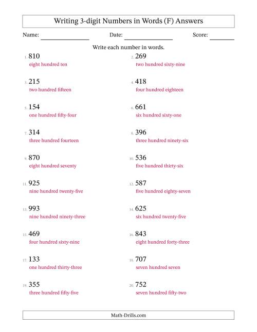 The Writing 3-digit Numbers in Words (F) Math Worksheet Page 2
