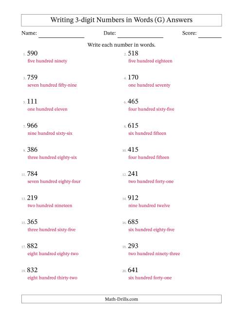 The Writing 3-digit Numbers in Words (G) Math Worksheet Page 2