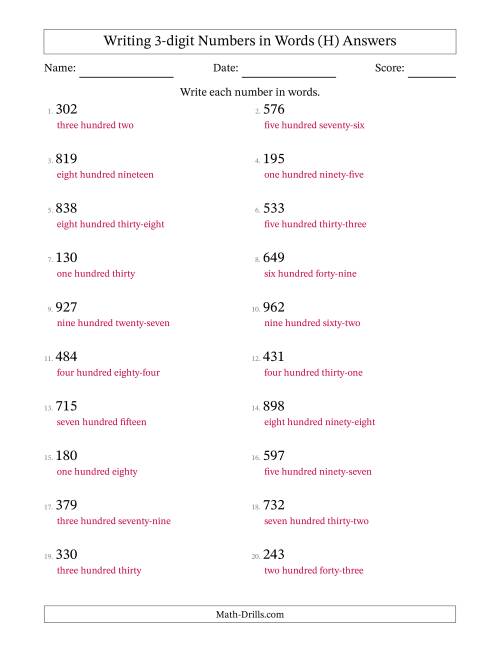 The Writing 3-digit Numbers in Words (H) Math Worksheet Page 2