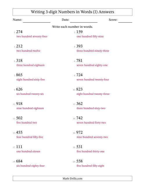 The Writing 3-digit Numbers in Words (I) Math Worksheet Page 2