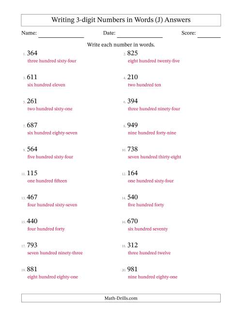 The Writing 3-digit Numbers in Words (J) Math Worksheet Page 2