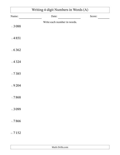 The Writing 4-digit Numbers in Words (SI Format) (A) Math Worksheet