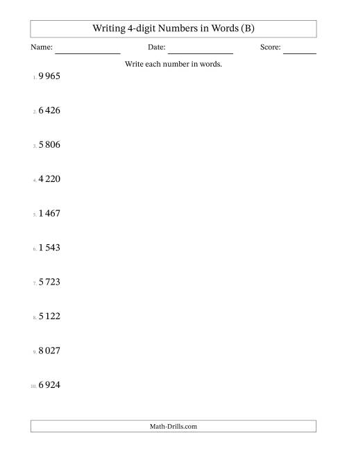 The Writing 4-digit Numbers in Words (SI Format) (B) Math Worksheet