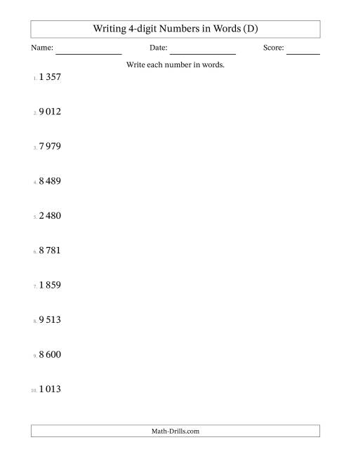 The Writing 4-digit Numbers in Words (SI Format) (D) Math Worksheet
