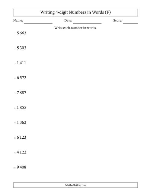The Writing 4-digit Numbers in Words (SI Format) (F) Math Worksheet