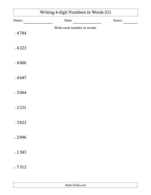 The Writing 4-digit Numbers in Words (SI Format) (G) Math Worksheet