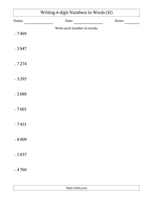The Writing 4-digit Numbers in Words (SI Format) (H) Math Worksheet
