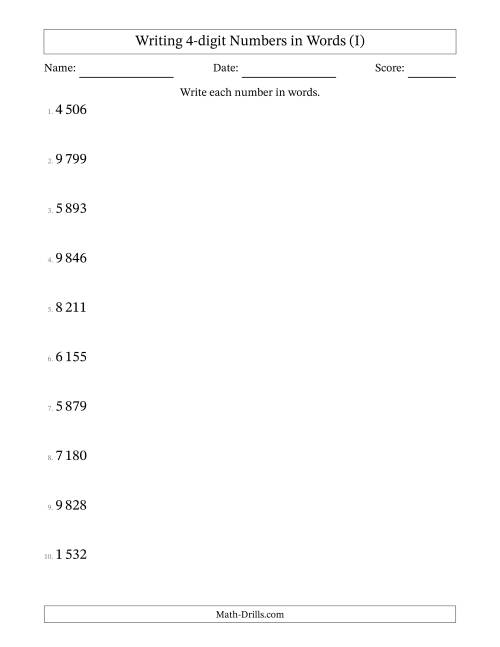 The Writing 4-digit Numbers in Words (SI Format) (I) Math Worksheet