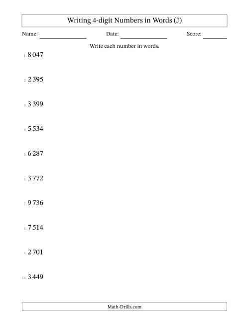 The Writing 4-digit Numbers in Words (SI Format) (J) Math Worksheet