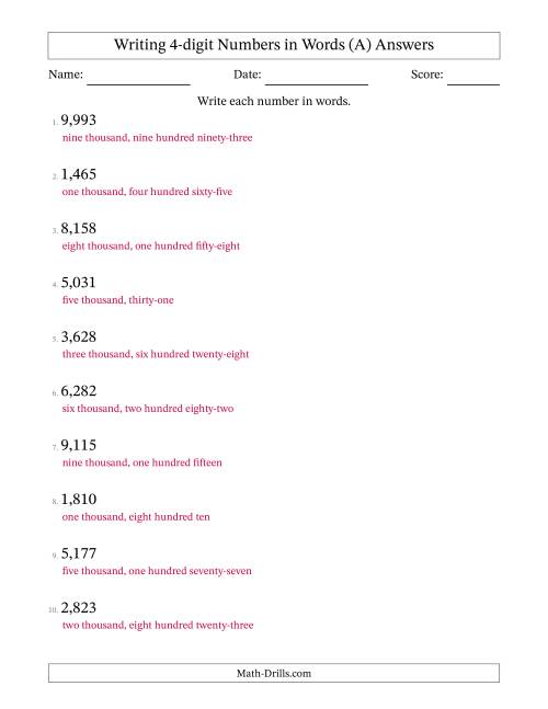 The Writing 4-digit Numbers in Words (A) Math Worksheet Page 2