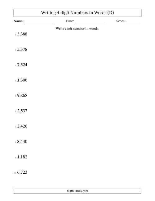 The Writing 4-digit Numbers in Words (D) Math Worksheet