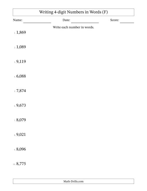 The Writing 4-digit Numbers in Words (F) Math Worksheet