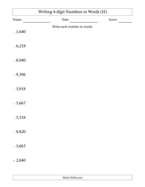 The Writing 4-digit Numbers in Words (H) Math Worksheet