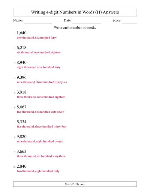 The Writing 4-digit Numbers in Words (H) Math Worksheet Page 2