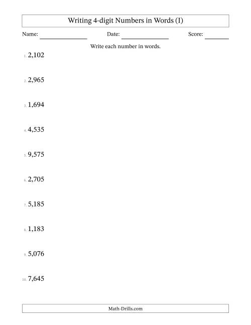 The Writing 4-digit Numbers in Words (I) Math Worksheet