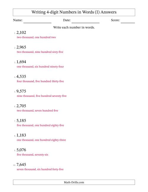 The Writing 4-digit Numbers in Words (I) Math Worksheet Page 2