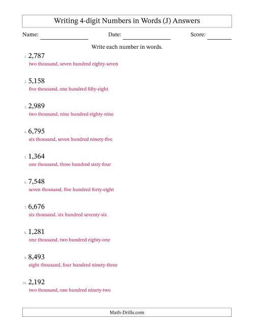The Writing 4-digit Numbers in Words (J) Math Worksheet Page 2