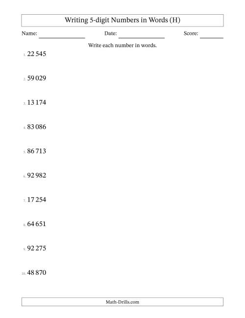 The Writing 5-digit Numbers in Words (SI Format) (H) Math Worksheet