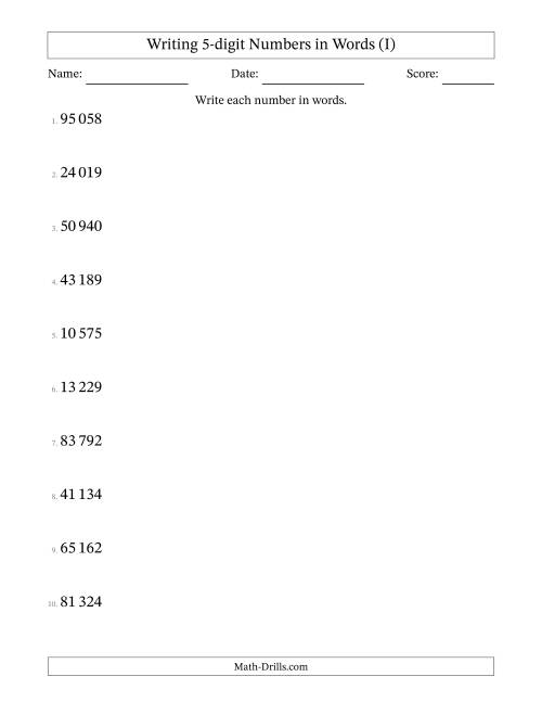 The Writing 5-digit Numbers in Words (SI Format) (I) Math Worksheet