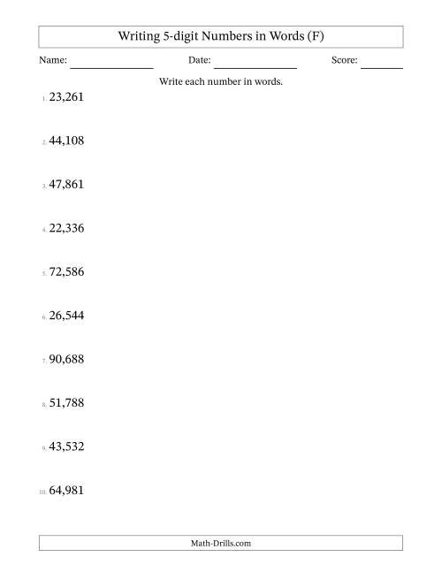 The Writing 5-digit Numbers in Words (F) Math Worksheet