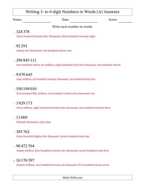 The Writing 5- to 9-digit Numbers in Words (SI Format) (A) Math Worksheet Page 2