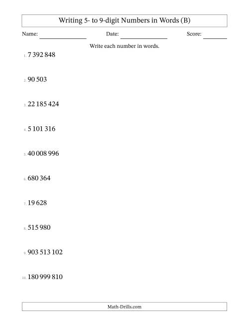 The Writing 5- to 9-digit Numbers in Words (SI Format) (B) Math Worksheet