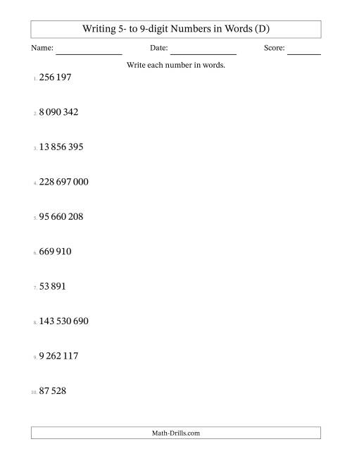 The Writing 5- to 9-digit Numbers in Words (SI Format) (D) Math Worksheet