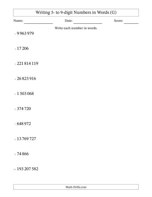The Writing 5- to 9-digit Numbers in Words (SI Format) (G) Math Worksheet