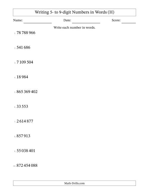 The Writing 5- to 9-digit Numbers in Words (SI Format) (H) Math Worksheet