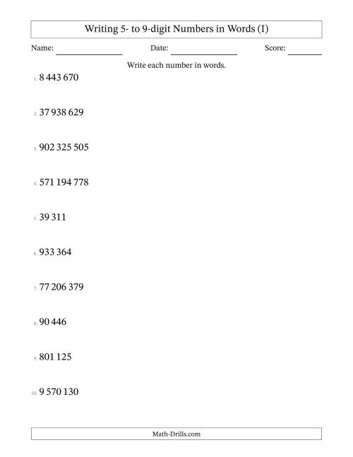 The Writing 5- to 9-digit Numbers in Words (SI Format) (I) Math Worksheet