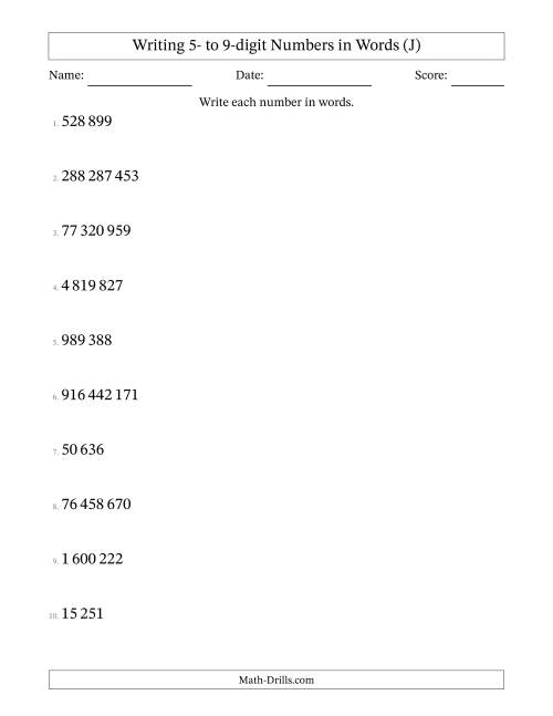 The Writing 5- to 9-digit Numbers in Words (SI Format) (J) Math Worksheet