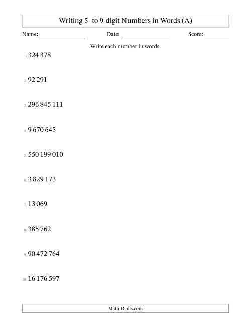The Writing 5- to 9-digit Numbers in Words (SI Format) (All) Math Worksheet