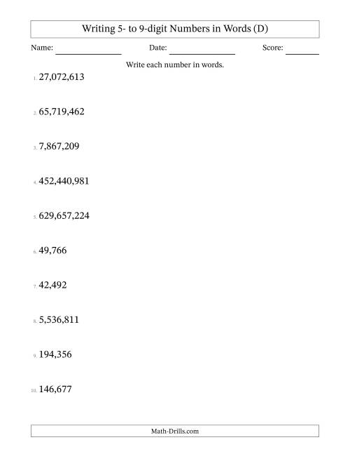 The Writing 5- to 9-digit Numbers in Words (D) Math Worksheet