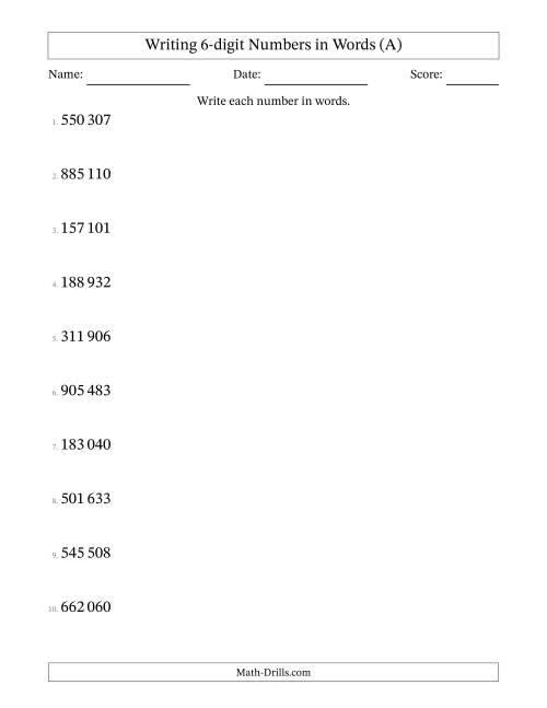 The Writing 6-digit Numbers in Words (SI Format) (A) Math Worksheet