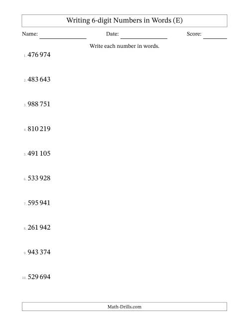 The Writing 6-digit Numbers in Words (SI Format) (E) Math Worksheet