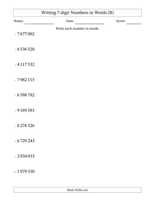 The Writing 7-digit Numbers in Words (SI Format) (B) Math Worksheet